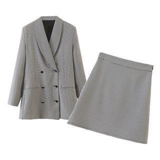 Houndstooth Double-breasted Blazer / Mini A-line Skirt / Set