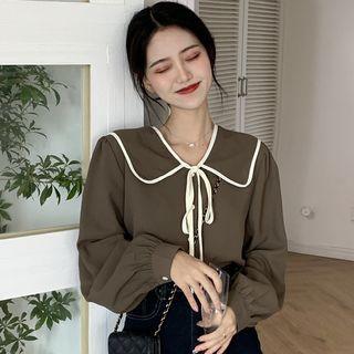 Long-sleeve Contrast Trim Tie-strap Shirt
