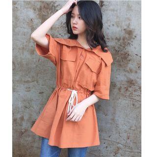 Elbow-sleeve Tie Waist Shirt Dress