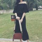 Plain Off Shoulder Elbow Sleeve Jumpsuit