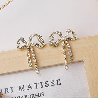 Bow Rhinestone Faux Pearl Earring 1 Pair - Silver - One Size