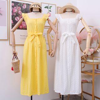 Embroidered Sleeveless Dress With Sash