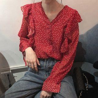 Long-sleeve Dotted Chiffon Blouse Maroon - One Size