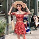 Set: Short-sleeve Off Shoulder Floral Top + A-line Mini Chiffon Skirt Top - Red - One Size / Skirt - Red - One Size