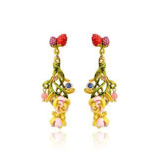 Fashion And Elegant Plated Gold Enamel Strawberry Flower Long Earrings With Cubic Zirconia Golden - One Size