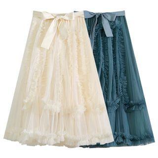Ribbon Accent Frill Trim Mesh Midi A-line Skirt