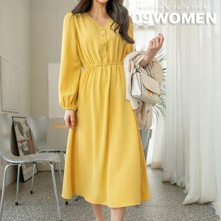 Puff-sleeve Buttoned Long Flare Dress