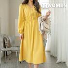 Puff-sleeve Buttoned Long Flare Dress