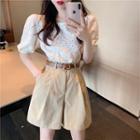 Eyelet Puff-sleeve Loose Top / High-waist Wide Shorts With Belt