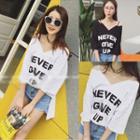 Lettering Off-shoulder 3/4 Sleeve T-shirt