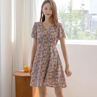 V-neck Tie-waist Floral Dress Light Pink - One Size