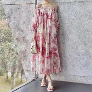 Long-sleeve Cold Shoulder Floral Midi Dress