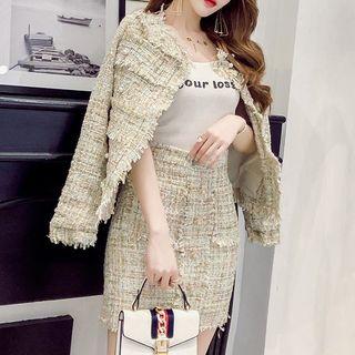 Set: Faux-pearl Detail Tweed Jacket + Tweed Mini Skirt