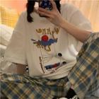Round Neck Cartoon Print Short Sleeve T-shirt White - One Size