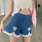 Heart Embroidered Lace Trim Denim Shorts