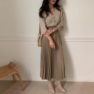 Houndstooth Maxi Accordion-pleat Skirt Beige - One Size