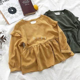 Plain Lace-up Panel Plaid Ruffled-trim Long-sleeve Top