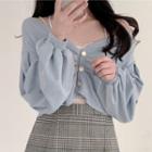 V-neck Puff Long Sleeve Crop Top Milky Blue - One Size
