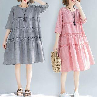 Plaid Panel 2/4-sleeve Midi Skirt