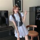 Plain Puff-sleeve Shirt Dress With Bow / Sleeveless Top