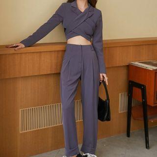 Set: Cutout-back Cropped Blouse + Straight-cut Pants