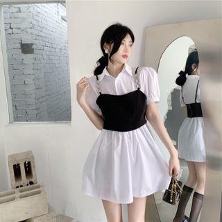 Set: Puff-sleeve Mini Shirt Dress + Chain Detail Cropped Camisole Top