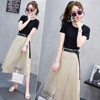 Set: Plain Short Sleeve T-shirt + Plain Midi A-line Skirt