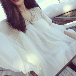 Set: Elbow-sleeve Chiffon Top + Camisole With Camisole Top - White - One Size