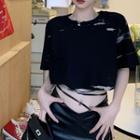 Elbow-sleeve Tie-dyed Cropped T-shirt Black - One Size