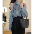 Long-sleeve Cold-shoulder Blouse Airy Blue - One Size