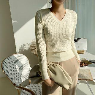 V-neck Fitted Cable-knit Top