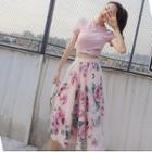 Set: Short Sleeve Cropped Top + Floral Print Mesh A-line Skirt