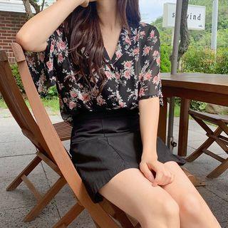 Notch-collar Floral Chiffon Shirt