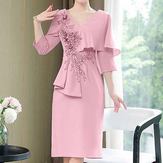 Elbow-sleeve V-neck Flower Sheath Dress