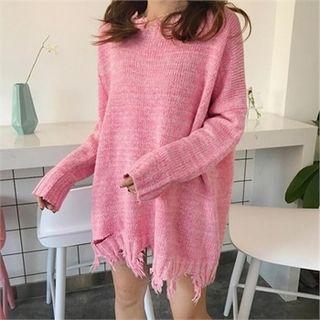 Drop-shoulder Distressed Sweater