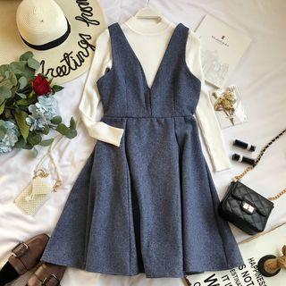 Set: Mock-neck Long-sleeve Knit Top + V-neck Sleeveless A-line Dress