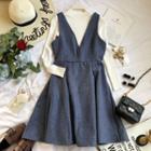 Set: Mock-neck Long-sleeve Knit Top + V-neck Sleeveless A-line Dress
