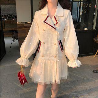 Puff-sleeve Mesh Ruffle Panel Blazer Dress