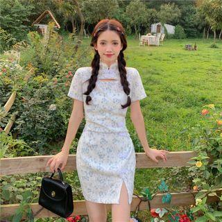 Short-sleeve Floral Print Cut-out Split Dress