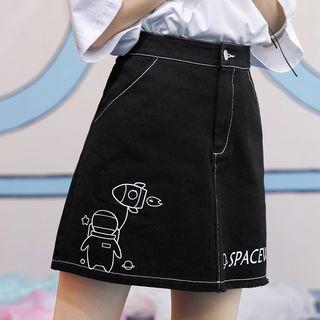 Printed Denim A-line Skirt