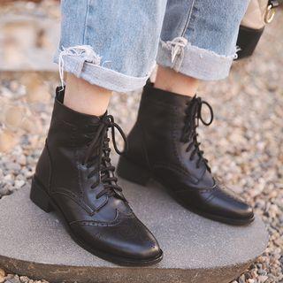 Genuine Leather Lace-up Short Brogue Boots