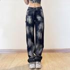 Mid Rise Tie-dyed Belt Accent Straight-fit Jeans