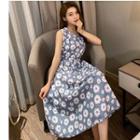 Floral Sleeveless Midi A-line Dress Blue - One Size