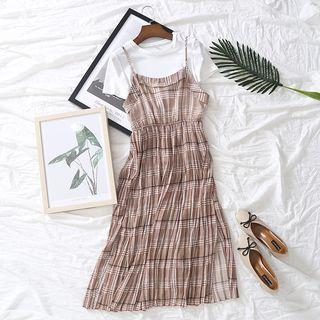 Set: Crew-neck Short-sleeve T-shirt + Plaid Spaghetti Strap Dress