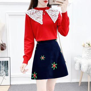 Set: Crochet Collared Knit Top + Embroidered Skirt