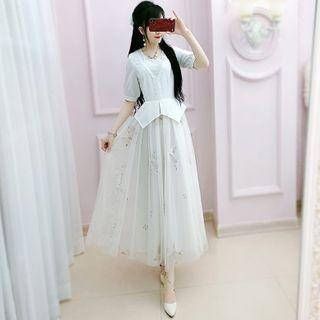 Short-sleeve Butterfly Embroidered Maxi A-line Dress