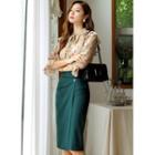 Pleated Buttoned Midi Wrap Pencil Skirt