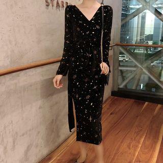 Print Long-sleeve Sheath Midi Dress