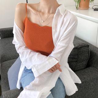 Spaghetti-strap Scallop-edge Rib-knit Top