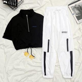 Short-sleeve Half-zip Cropped T-shirt / Letter Embroidered Cargo Pants / Set